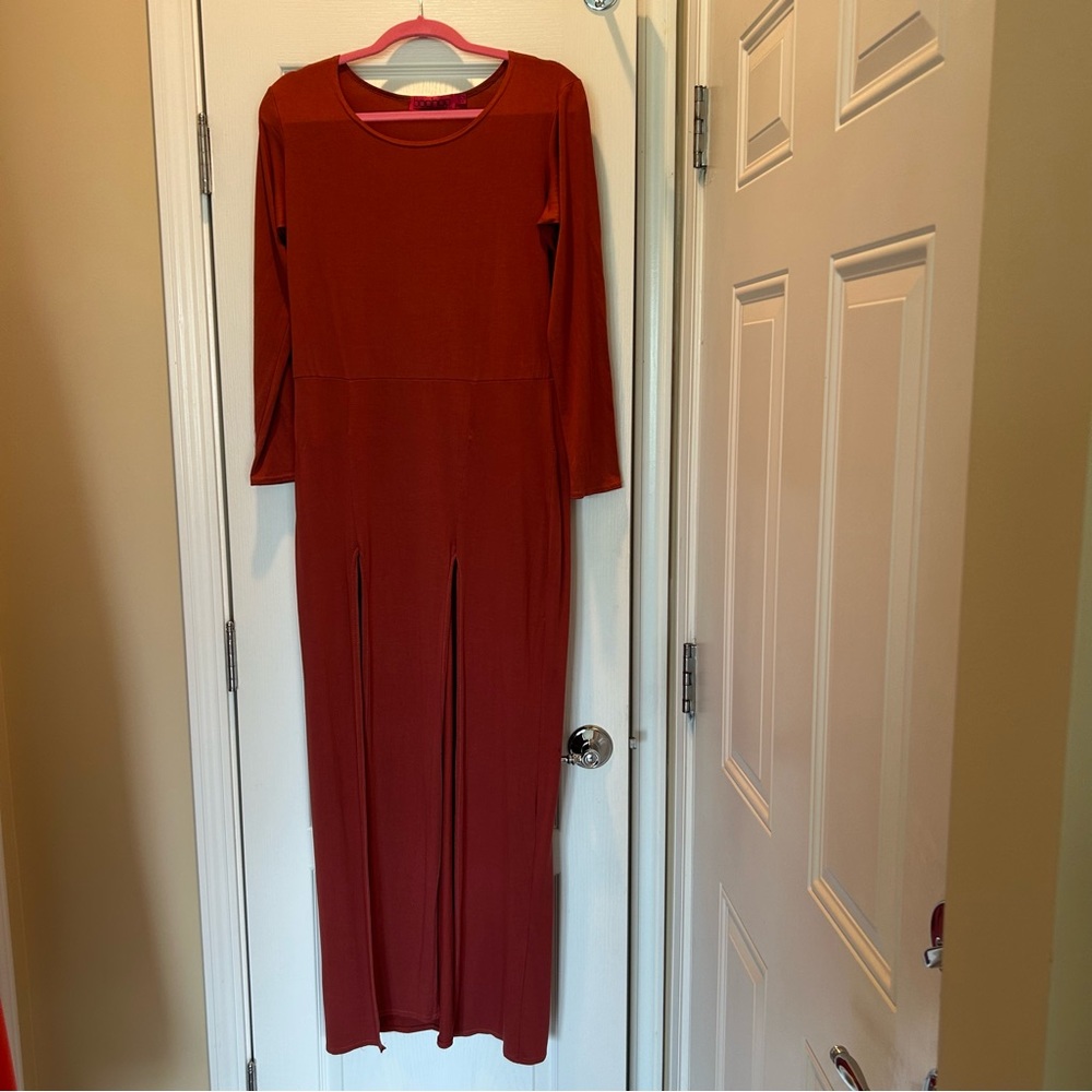 Burnt orange long sleeve maxi dress by boohoo.
